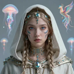 Seismic god close-up portrait tribal beautiful slavic russian monk in hooded princess queen, ancient high tech, cyberpunk, dystopian, jellyfish phoenix dragon, butterfly squid, burning halo, intricate artwork by Tooth Wu and wlop and beeple, greg rutkowski, very coherent symmetrical artwork, cinematic, hyper realism, high detail, octane render, unreal engine, 8k, Vibrant colors, Smooth gradients, High contrast, depth of field, aperture f1.2
