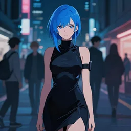 digital illustrationportrait of cyberpunk pretty girl with blue hair, wearing a tight black dress, in city street at night, by makoto shinkai, ilya kuvshinov, lois van baarle, rossdraws, basquiat
