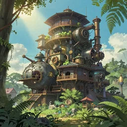city-sized steampunk machinery, steampunk art by noah bradley, Miyazaki tekkonkintreet Teikoku Shounen style, amazing Traditional Japanese style, lush vegetation and ferns, sun rays, octane render, trending on artstation, hyper detailed, cinematic