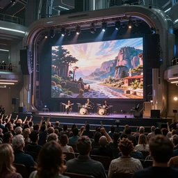 concept art of a small near - future realistic musical venue with a large screen in front of an excited crowd