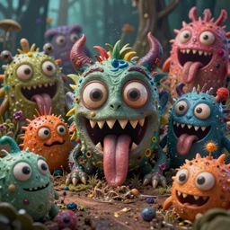 intricate colourful murky with strange cute friendly horror crazy monsters with huge beauty eyes long tongue triangle teeth and scary face appearing from the earth, in the style of craola, shallow depth of field, highly detailed, digital painting, trending artstation, concept art, illustration, cinematic lighting, vibrant colors, photorealism, epic, octane render