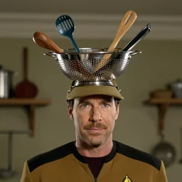 Geordi La Forge wearing visor and a colander and random kitchen tools on his head