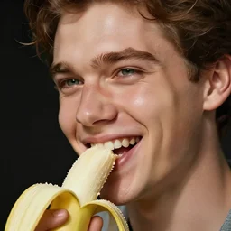 Sam Hyde close up face smiling eating a banana