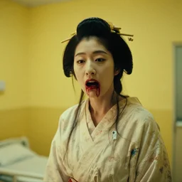 7 0 s movie still of a white female japanese phantom with bloody mouth in a yellow wall empty hospital, cinestill 8 0 0 t 3 5 mm eastmancolor, heavy grain, high quality, high detail