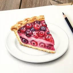 Colored pencil art on paper, Gooseberry pie slice on a plate, highly detailed, artstation, MasterPiece, Award-Winning, Caran d'Ache Luminance
