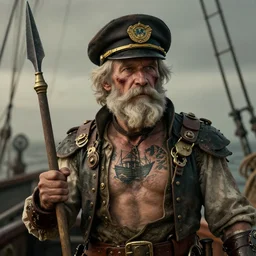 a portrait of an old man who is a captain of a boat, weathered, in the style of steampunk, tattoo of boat on chest, holding a spear, retro, with beard and scar on face. trending on artstation, ambient lighting, 4k render, ultra hd:: behance art
