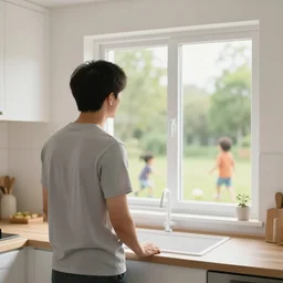 a father is looking out the kitchen window and watching his kids playing outside., by hieronymus bosch, poster, first - person, exposure, refreshing, posterization