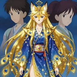 portrait from an anime of an ethereal humanoid colorful gold blue starry peacock fox hybrid character accented in bright metallic gold, wearing star filled magic imbued mage robes, art by yuji ikehata, background art by miyazaki, serious cartoon, proper human proportions, fully clothed
