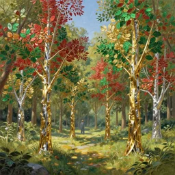 metal trees with red and green leaves made of gold and silver artstation illustration sharp focus sunlit vista painted by ruan jia raymond swanland lawrence alma tadema zdzislaw beksinski norman rockwell tom lovell alex malveda greg staples