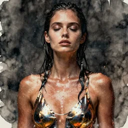 fierce wet fashion model, in the style of irakli nadar, eyes closed, liquid metal top, effervescent, warm, dark, brooding, poster art, high detail, hyperrealistic watercolor, deep mood, hyperrealism, 3 d, epic and cinematic, roger deakins on cinematography