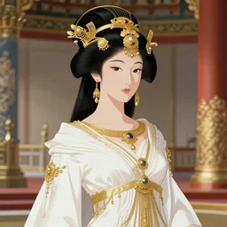 Cleopatra in her palace, beautiful woman, japanese style, by Akihiko Yoshida, Kenny McBride, intricate, elegant white dress, vibrant, pretty face, fine details, perfect, gold decorations, 8k high detail, masterpiece, by