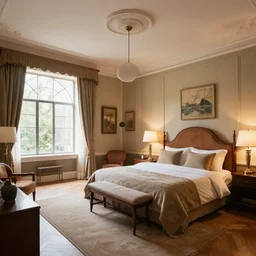 a fancy bedroom extra large designed by frank lloyd wright, realistic photo
