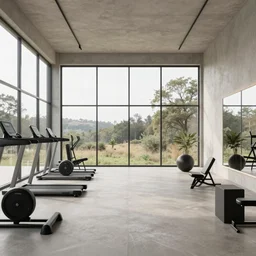 brutalist open space home gym, big windows, showing nature landscape on background, minimalist architecture, minimalist furniture, octane render, high quality, 8 k, post production