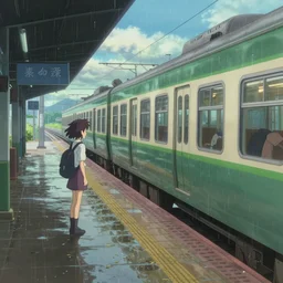 the train by the platform, by makoto shinkai, the weather drizzly, moist, the movie the garden of words, 8 k, unreal engine