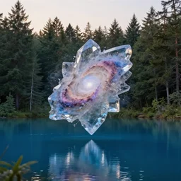 abstract crystal sculpture of a nebula floating above a clear blue lake in the middle of an evergreen forest at dawn