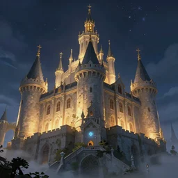 a renaissance castle in a castle from an upward angle under a glowing night sky, high fantasy, magical, mythical, digital art, trending on artstation, by alena aenami, by petros afshar, by anton fadeev, by anato finnstark