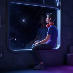 vaporwave, a guy sitting in a window looking out at space, by artgerm, jamie hewlett, tom bagshaw, gerald brom, 4 k, smooth, hd, substance designer render, full body character concept art, 2 point studio lighting,