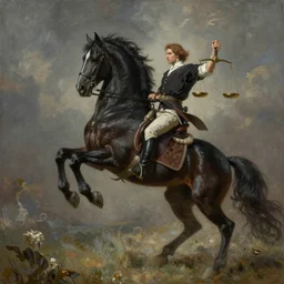 the singular horseman of the apocalypse is riding a strong black stallion, horse is up on its hind legs, the strong male rider is carrying the scales of justice, beautiful artwork by artgerm and rutkowski, breathtaking, beautifully lit, dramatic