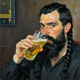 egon schiele art long black two braided beard thick eyebrows colin farrell with black short hair drinking a pint of beer