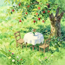 a painting of a summer garden with white table, tall grass, chairs and apple trees, shadow, flowers, watercolor, color pensils and pastel, lovely, nostalgic, beautiful, impressionist, wonderful, art by makoto shinkai and hayao miyazaki,