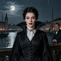 portrait of Lady Dracula in victorian suit, atmospheric lighting, painted, intricate, London Dockyard, volumetric lighting, beautiful, light rain, moon light, sharp focus, ultra detailed, by Leesha Hannigan, Ross Tran, Thierry Doizon, Kai Carpenter, Ignacio Fernández Ríos, Yasumoto Oka,