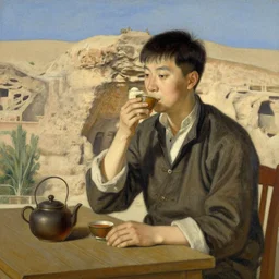 mogao grottoes, drinking tea, painting by gaston bussiere, j. c. leyendecker