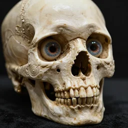 a award winning stunning photograph of a skull with eyeballs and ornate carvings