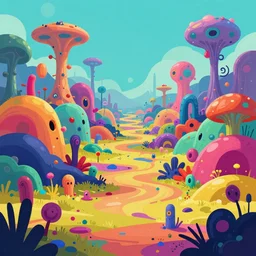 a digital artwork that looks like a weird alien landscape. it's full of strange, bright colors, and there are strange creatures lurking in the background, concept art, trending on artstation