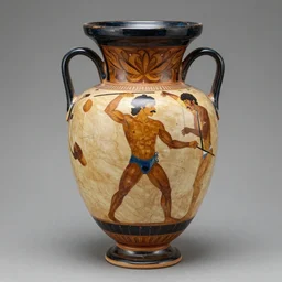 a beautiful, ancient, greek amphora container, museum item, with drawings of french crossfiter with a moustache h 1 0 2 4