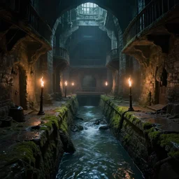 inside the ancient flooded sewers in the old part of the city. fantasy art, layers of architecture, adventure, wet, standing water, channel, running water, stream, channel, musty, moss, sewage, dark, underground, abandoned spaces, torch - lit. by ralph mcquarrie and fred fields