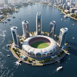 five small futuristic skyscrapers, city with a soccer stadium, navy blue lake with many small boats and many yachts in harbor, turbulent reflective water, artstation, digital art, photorealistic, hyperdetailed, beautiful, epic scene, dramatic lighting, aerial view,