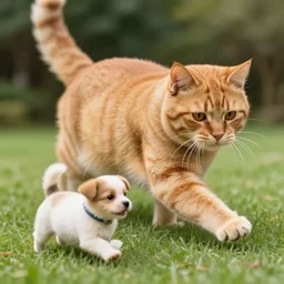 a giant orange cat chasing after a little puppy dog