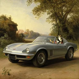 corvette with cats sitting in and on the car, old dutch painting, golden hour, shadows, wide shot