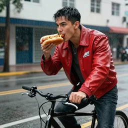 Hot dog in a red Thriller leather jacket with puffed sleeves eating on a black bike in the rain through the streets of Miami, realism, 8K