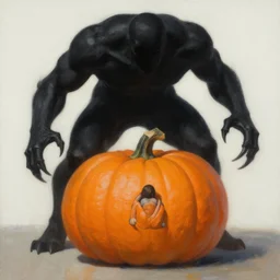 soft by peter doig pumpkin orange. a experimental art of a large, black - clad figure of the king looming over a small, defenseless figure huddled at his feet. the king's face is hidden in shadow. menacing stance, large, sharp claws, dangerous & powerful creature.