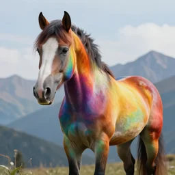 a beautiful portrait of a horse with the colors of a rainbow, on the mountain, fantasy, art by greg rutkowski, lgtb, high detailed