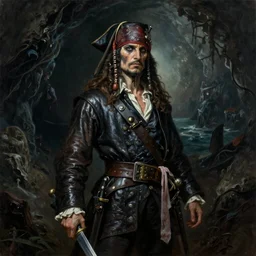 ultra realistic color portrait painting of an undead 1 7 th century pirate with a sword in a grotto, dark, painted, brooding, atmospheric, seascape, horror, smooth, epic, highly detailed, cinematic, by larry elmore