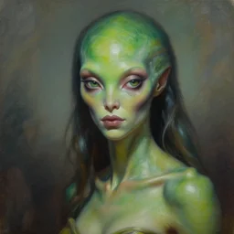 a beautiful alien woman with green skin, painted by artgerm and tom bagshaw, fantasy art, dramatic lighting, highly detailed oil painting