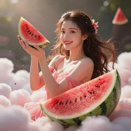 a beautiful female goddess of watermelons character, character is in all its glory, character is in her natural relaxed pose, rim lights, particles and dust in the air, fancy clouds, highly detailed professional photo, dynamic lights, particles are flying, depth of field, trending on artstation, illustration, hyper realistic, vray caustics, super detailed, colorful accents, cinematic shot