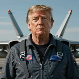 Donald Trump with jet fighter pilots body, realistic artstyle, wide shot, dramatic lighting, octane render, hyperrealistic, high quality, highly detailed, HD, beautiful, cinematic, 8k, unreal engine, facial accuracy, symmetrical