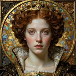 beautiful medieval queen face centered portrait by james jean, zdzisław beksinski, raymond swanland and alphonse mucha, hyperdetailed realistic smooth polished porcelain, jean delville, art nouveau, iris van herpen, gustav klimt, ornate gothic icon with heavy patina, james jean, ultrasharp hyperdetailed photorealistic octane render