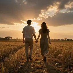 a bread and a banana walking hand in hand into the sunset