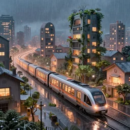 beautiful city in winter with futuristic trains, metro, technology, utopia, houses, skyscraper overgrown with trees and plants. raining at night with light pole illuminate the patch, nice color scheme, warm colour. beautiful artistic digital artwork by artist lurid. ( 2 0 2 2 ), gediminas pranckevicius