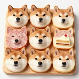 a charcuterie board made of slices of doge face, slices of shiba inu face, slices of doge meme fur, fake cake of doge, shiba inu dog, pieces of doge in the silver plate, wooden table, exquisite restaurant, five stars michellin, professional food shot, gourmet dish, with few veggies. low light, bokeh, masterpiece.