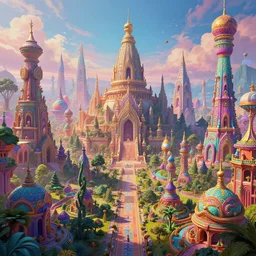 psychedelic city with temples, wonderful masterpiece by greg rutkowski, unreal engine