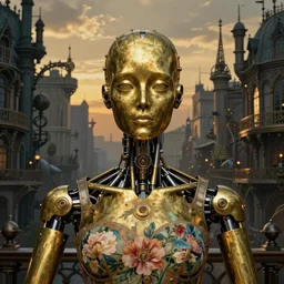 brass semi - mechanical woman, headshot portrait, floral art novuea dress, art by moebius, john bauer, in steampunk cityscape designed by victor horta, golden hour, dark shadows, robotic prosthetic limbs, symmetrical