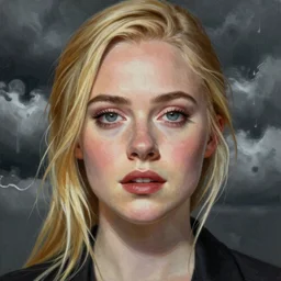 professional painting of Elle Fanning in the style of Mark Waid and Alex Ross, head and shoulders portrait, symmetrical facial features, smooth, sharp focus, illustration, intricate, stormy weather, extremely detailed masterpiece,