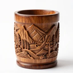 carved wooden paintbrush cup, high detail macro photography, isolated on a pure white background, centered, entire object in frame, sharp focus, soft studio lighting