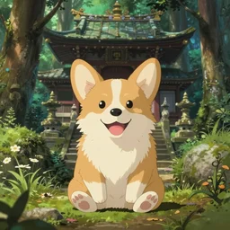cute corgi, smiling, meditating in a peaceful forest temple, anime style, scene from the movie spirited away, by hayao miyazaki, detailed, smooth, beautiful