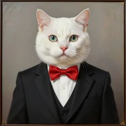 a handsome white cat in a black suit and a red bow tie, symmetric, painting, intricate.